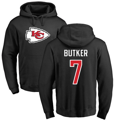 Men Kansas City Chiefs 7 Butker Harrison Black Name and Number Logo Pullover Hoodie